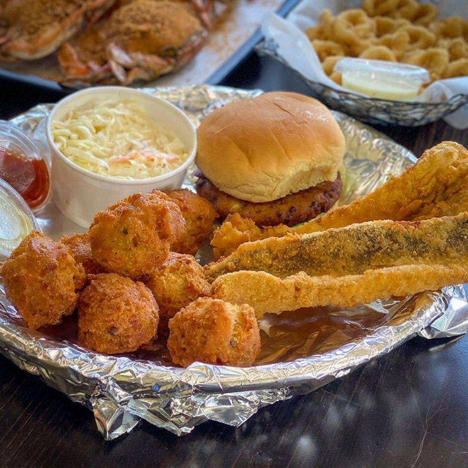 Seafood platter with fried fish, shrimp, hush puppies, a sandwich, coleslaw, fries, and dipping sauces on a foil tray.