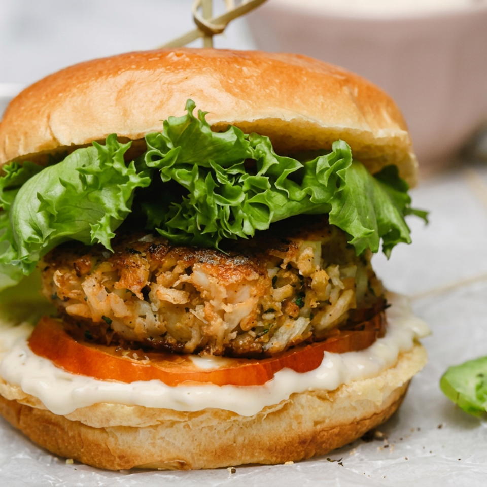 Crispy vegetable patty burger with lettuce, tomato, and creamy sauce on a toasted bun.