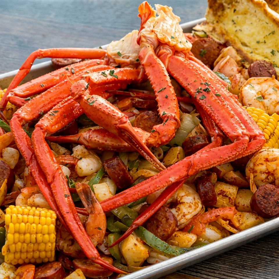 Tray of seasoned crab legs, shrimp, sausage, corn, vegetables, and garlic bread served on a wooden table.
