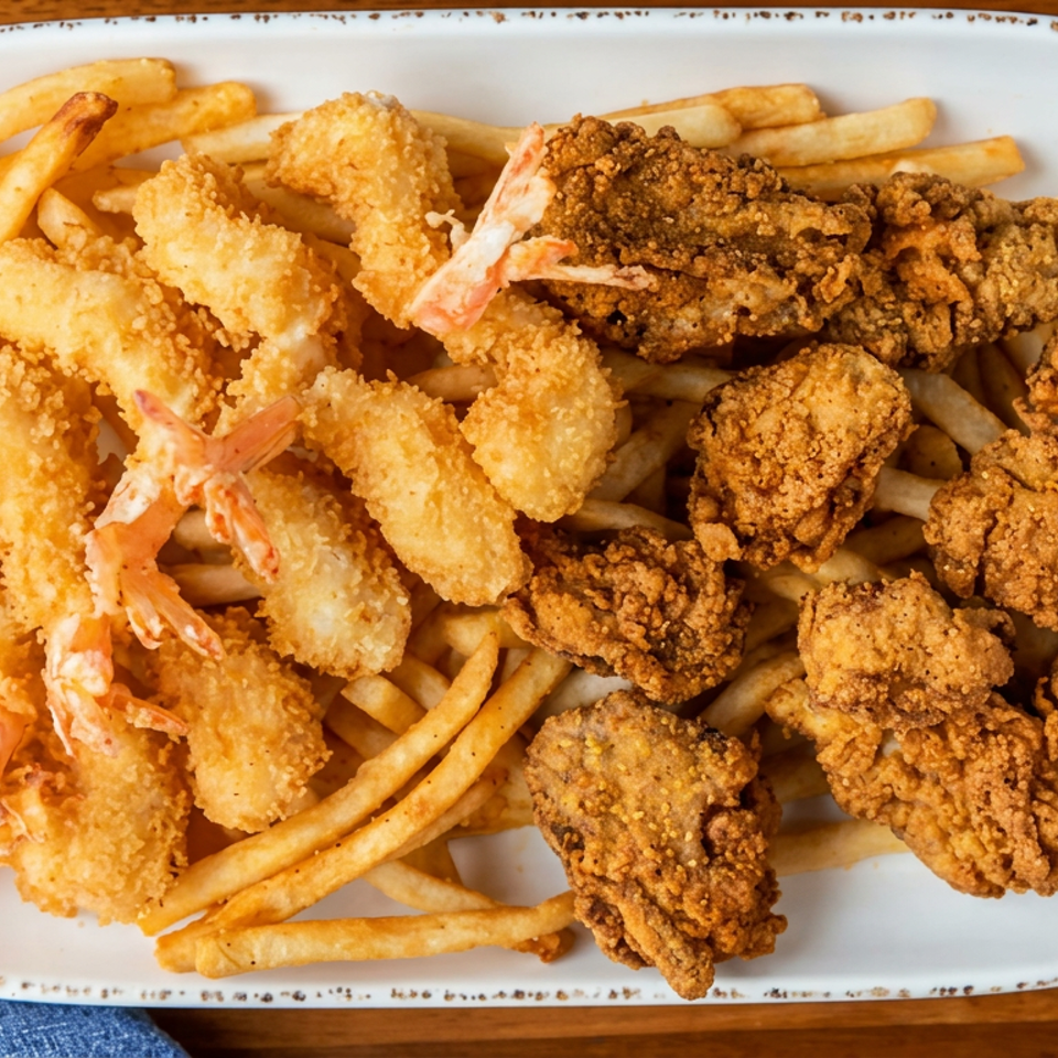 Overhead view of fried shrimp, chicken tenders, and French fries arranged on a white platter atop a wooden table.